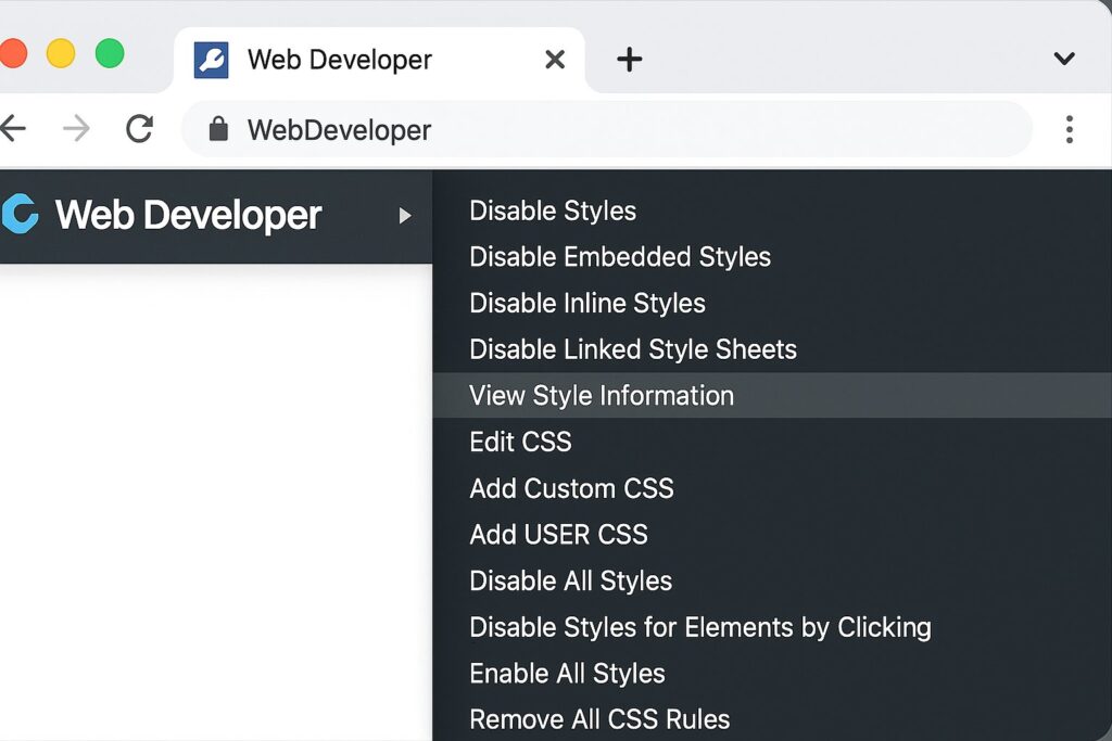 Web Developer Chrome extension showing CSS menu options.