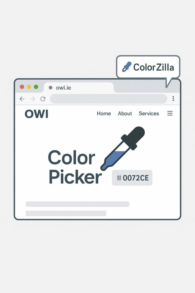 ColorZilla eyedropper selecting a colour on owi.ie with hex code popup.