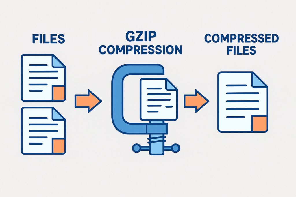 Gzip compression reducing file sizes for faster website performance.