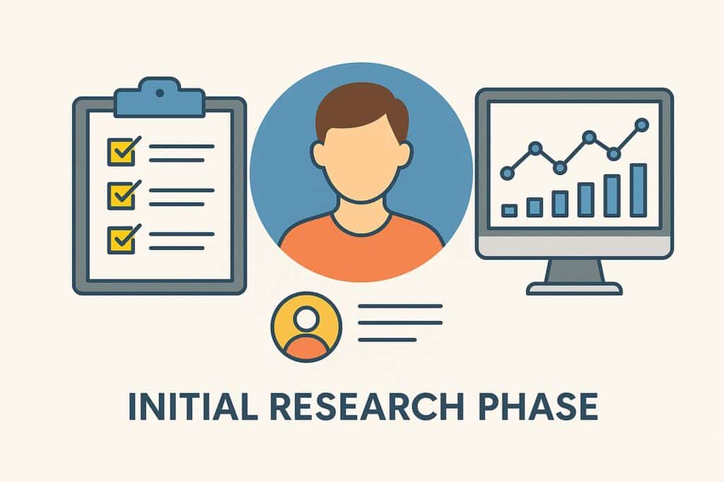 Initial research phase of UX design with user surveys and analysis.